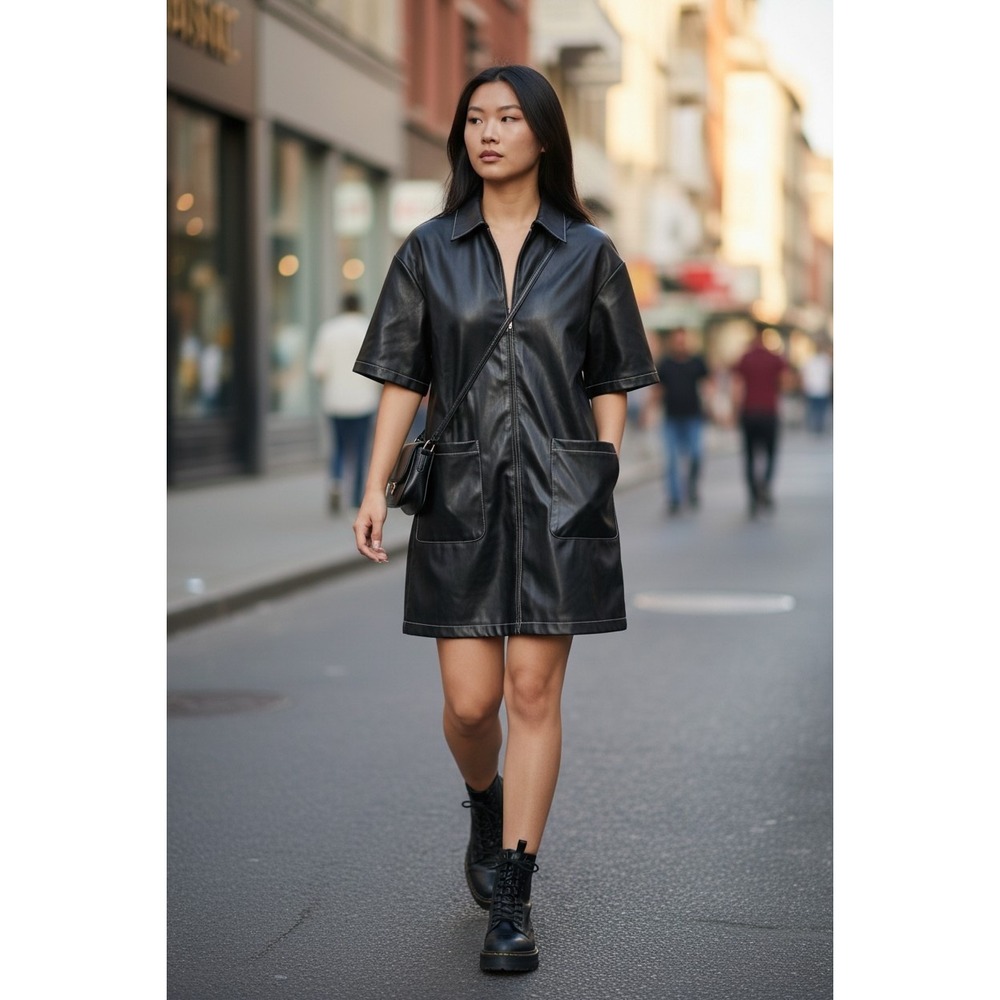 ASOS DESIGN Womens Black Faux Leather Contrast Stitch Mini Dress Size Small